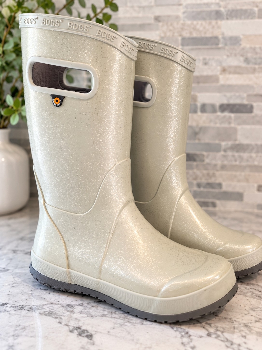 BOGS K-Ribt Glitter Tall Waterproof Rain Boots Youth 6 EU 39 Ivory Shimmer
